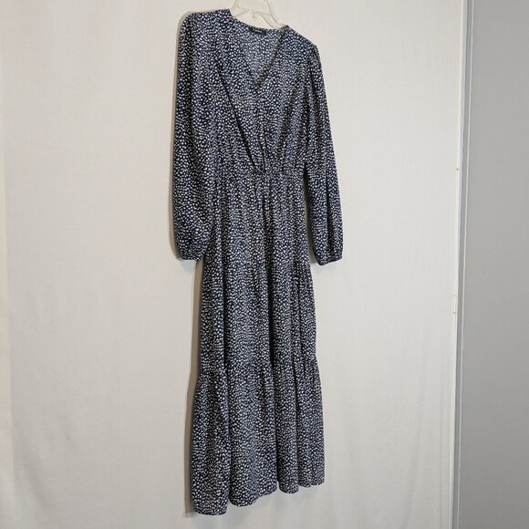 FASHION, Blue/White Spots, V-Neck Ruffle Tiered Boho Peasant Midi Dress; Size S - Picture 1 of 6